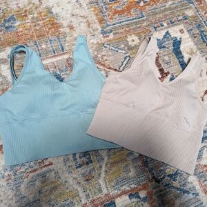 Set of Two Ribbed Sports Bras in Blue and Cream